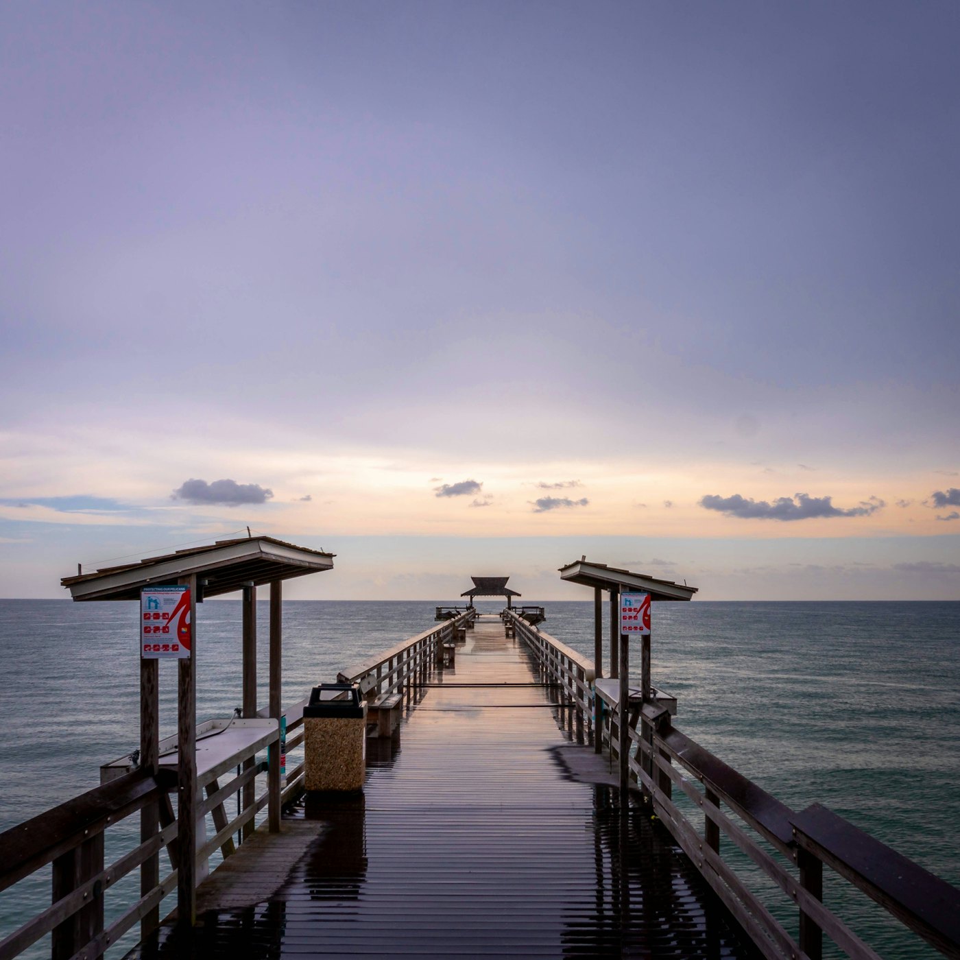 Naples Pier stretching into a calm lavender morning